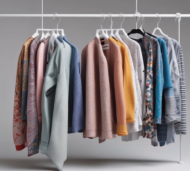 A neatly stacked pile of clothing with visible brand logos, including Nike and a horse logo. The clothes are mainly in dark and neutral colors, with a prominent black piece featuring a large white swoosh. A subtle vertical obstruction divides the image, adding a sense of depth.