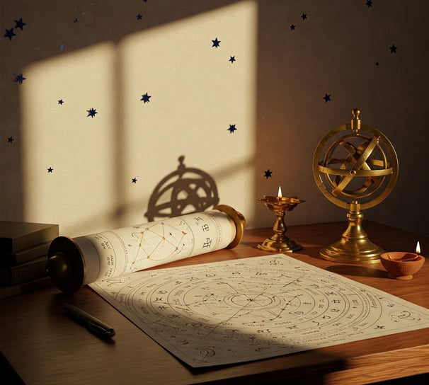 Vedic astrology workspace with a Navamsa chart, brass astrolabe, candle, and scroll on a wooden desk