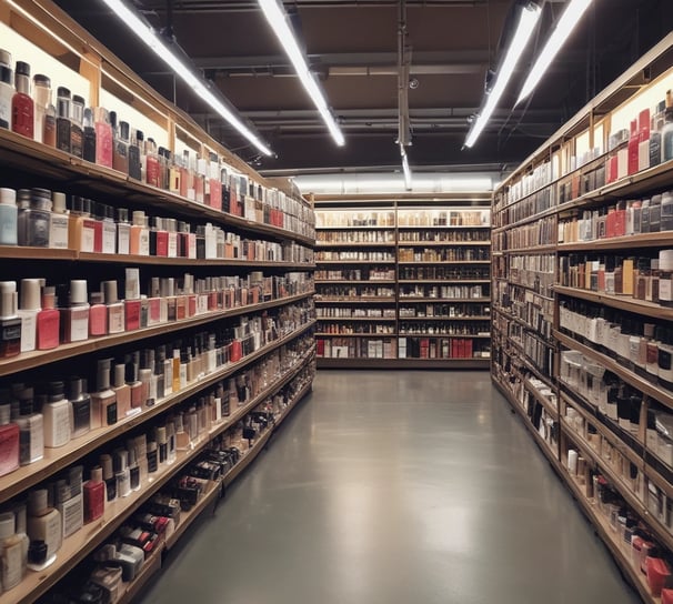 A brightly lit, spacious retail clothing store with rows of neatly arranged clothing racks and shelves filled with folded garments. The store has high ceilings with numerous spotlights and a modern, minimalist design. Multiple stacks of white shoe boxes are prominently displayed on tables throughout the space.