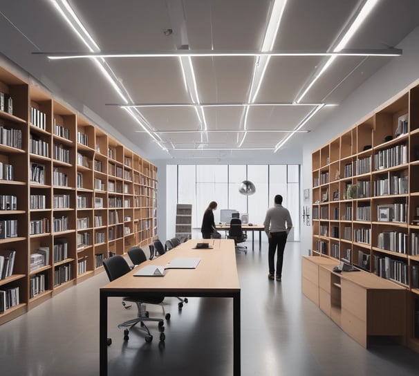 A monochromatic indoor scene featuring a consultation area with a modern design. Two people are seated at a long wooden table, working on laptops, while another person stands nearby. Bookshelves are visible beneath the table, and a sign reads 'Consultation Specialisee'. Overhead lighting and glass partitions add to the contemporary architectural style.