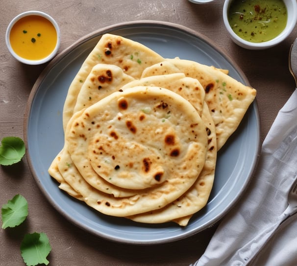 A vibrant dish featuring biryani served in a round bread bowl. A piece of cooked chicken with onion rings and garnishes is placed on top. A papadum is balanced upright, adding a crispy element. A small bowl of yogurt with herbs and spices is beside it, all set on a dark, textured surface.