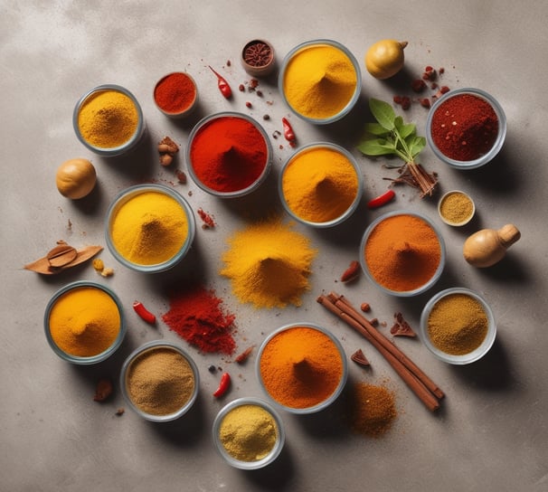 A collection of spice jars and seasoning bottles is arranged on a shelf. The jars include organic curry powder, ground turmeric, ground ginger, lemon pepper seasoning, and parsley flakes. Each jar has distinct labels with branding and certification marks such as USDA Organic and Non-GMO verified. The background shows more spice bottles with various labels and colors, creating a vibrant display typical of a spice rack or kitchen pantry.