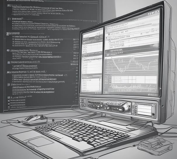 A laptop displaying a software development interface is placed on a granite countertop. Next to the laptop is a closed notebook and a pen. In the background, a sofa and a large window can be seen, providing a contrast between the focused workstation and the casual home setting.