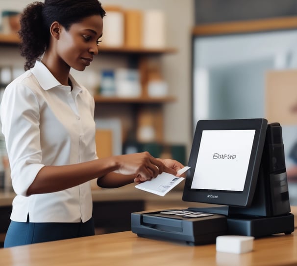 A person is making a payment using a credit card on a small, square card reader connected to a modern point-of-sale system at a minimalist counter. Another person is standing nearby, possibly a cashier, wearing a grey t-shirt. Sunglasses rest on the counter, and the background features a simple, white decor.