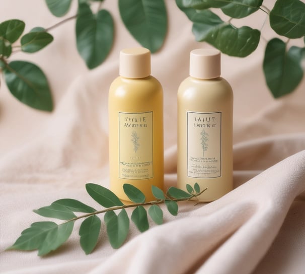 two bottles of shampooe and a plant in a white cloth