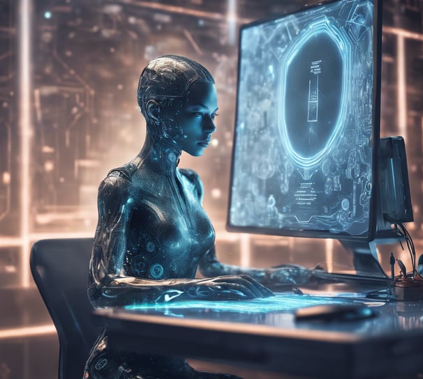 a woman sitting at a desk with a computer monitor and a monitor