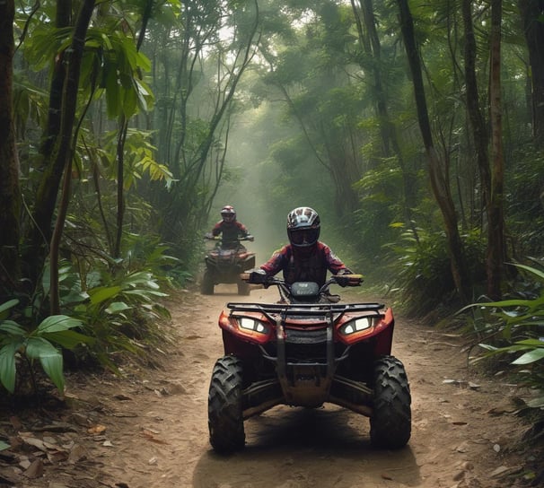 two people riding on four wheelers on a dirt road