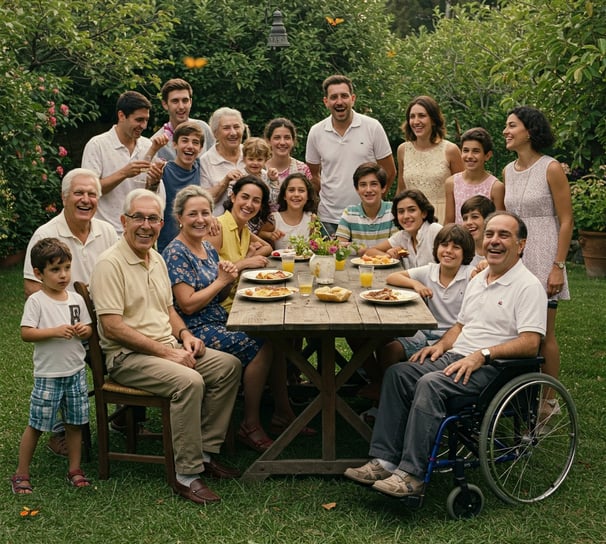 una famiglia in un pranzo organizzato in un giardino