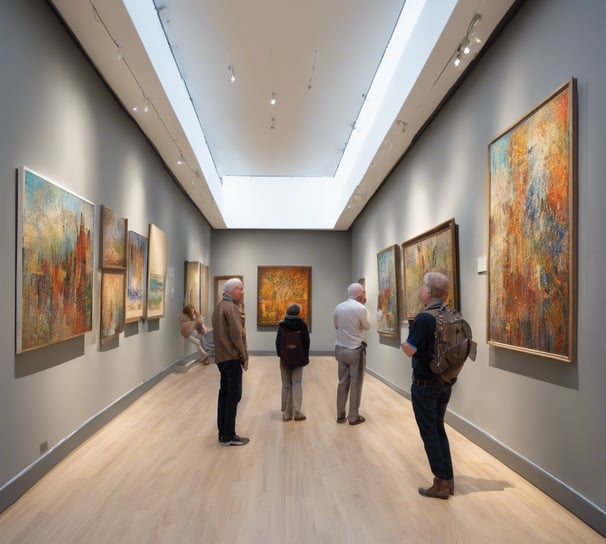 An art gallery with a sleek modern interior featuring several framed artworks displayed on white walls. The gallery is adorned with purple and white drapery along the glass railings. Several people are walking through the space, casually observing the artwork.