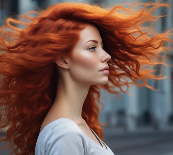 a woman with red hair and a white shirt