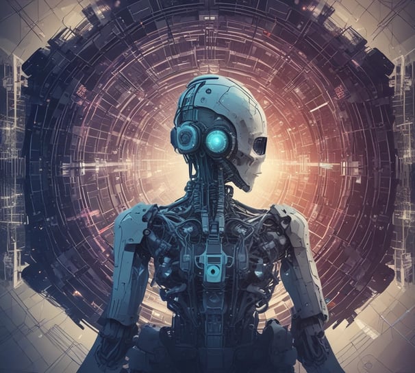 A futuristic and digital-themed image features a stylized circuit board with the words 'Open AI' in bold, glowing letters. Above it is a design that resembles an AI or robot face with neon accents. The background consists of a network of interconnected blue lines and nodes, suggesting themes of technology and connectivity.