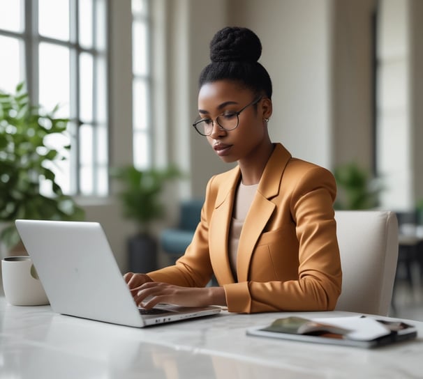 A person is working on a laptop at a wooden table. Next to them is a stack of books relating to business and success, with titles visible such as 'The Warren Buffett Way' and 'The Deals That Made The World'. The setting appears to be professional, possibly an office or study.
