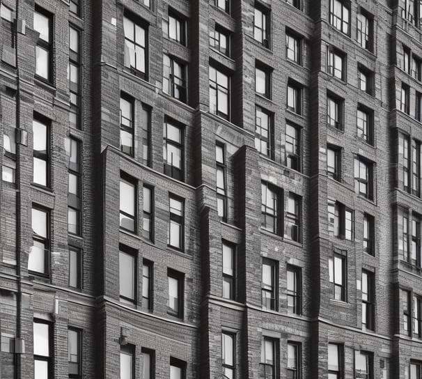 A cityscape with a real estate sign in the foreground, prominently displaying the name and phone number. Surrounding the sign are various buildings with different architectural styles, some with scaffolding and green netting. The scene features a mix of older, worn structures alongside modern glass-fronted buildings. Power lines and construction materials add to the urban complexity.