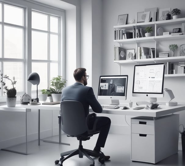 A professional consultation setting with a medical professional sitting at a desk facing a client. The room has a modern aesthetic with white walls decorated with framed certificates. The desk is organized with office supplies, a laptop, and a fruit bowl in the center.