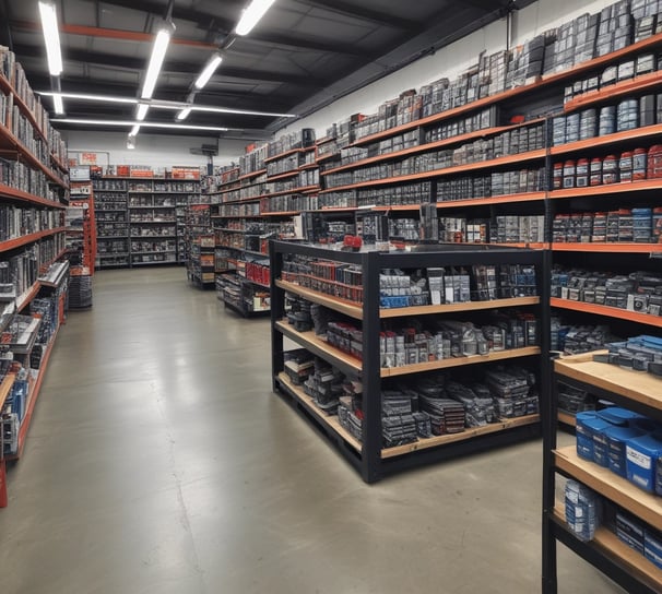 a large room with shelves filled with various car parts