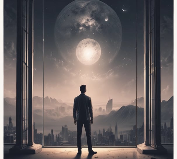 A futuristic scene with a person wearing a spacesuit standing beside an open car door on a foggy road. In the background, a massive spherical object is suspended in the air, connected by geometric lines and nodes, creating a surreal, otherworldly atmosphere.