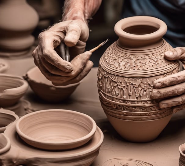 A collection of handmade ceramic mugs and bowls displayed on a wooden table. The items appear to be uniquely designed with various patterns and colors, including stripes, hearts, and floral motifs. The ceramics are in shades of orange, gray, and beige, each with a rustic and artistic handmade appearance.