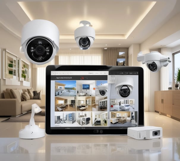 A close-up view of a white, spherical rotating webcam or security camera, placed on a smooth surface. The lens is slightly tilted upwards, with a black center surrounded by a white casing. There is a portion of a rectangular black object in the background.