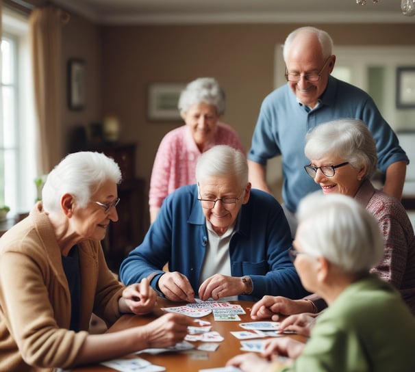 An elderly man wearing a green cap and striped shirt is leaning against a wooden partition inside a structure with open windows overlooking a serene body of water. The interior is dimly lit, and the scenery outside includes a cloudy sky and distant forested hills.