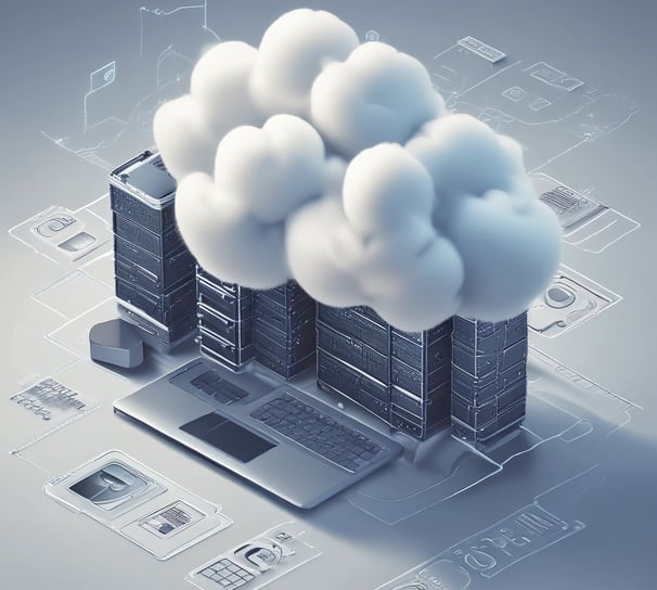 A cloud-shaped object with server racks is connected via cables to a computer monitor. The setup is surrounded by several black squares on a blue background, evoking concepts of cloud computing and data networks.