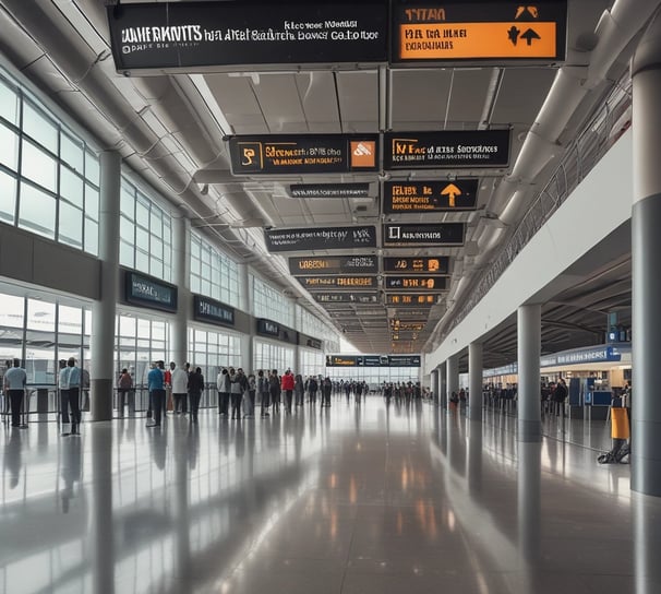 A corridor in an airport with signage showing directions for transfer and transit. There are people walking along the corridor, and the signage is in both Indonesian and English, directing passengers to 'Transfer & Transit' and 'Transfer Desk'. The corridor is well-lit with overhead lights, and there are windows on one side along with wall panels on the other.