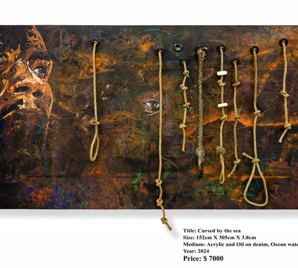 Cursed by the sea, Acrylic and mixed media on denim, 2024, 152x305cm (Evans torngmortey)