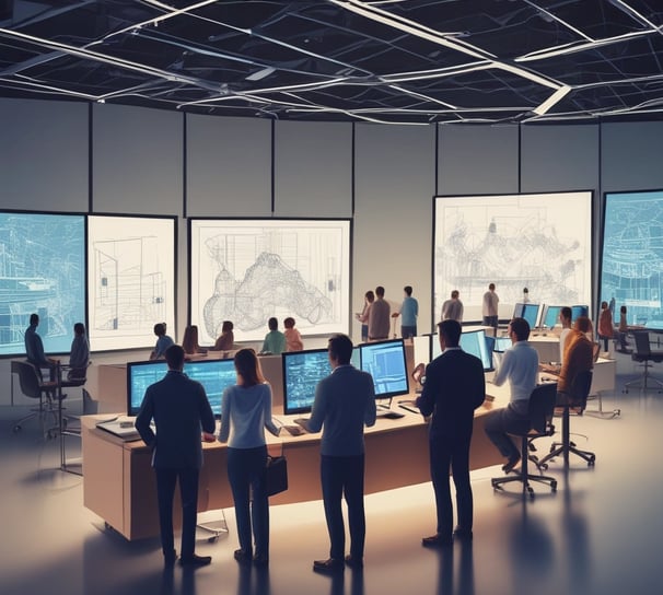 A conference room with a long wooden table surrounded by chairs covered in protective plastic. Multiple computer monitors are placed on tables against the walls, each displaying nature-themed images. The walls are lined with wood paneling, and a sign indicating a center for artificial intelligence is displayed at the front. There are decorative flower arrangements on the table, and the overall setup suggests a professional environment.