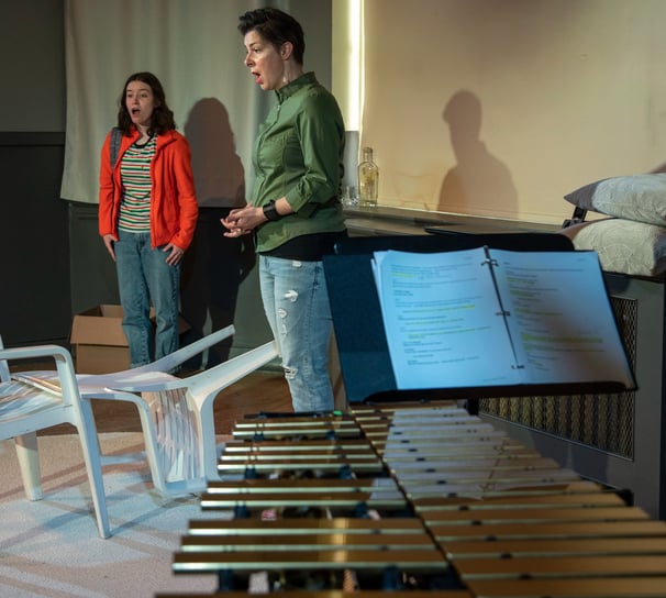 A preteen and her mom stand with their mouths hanging open, in the foreground we see a vibraphone.