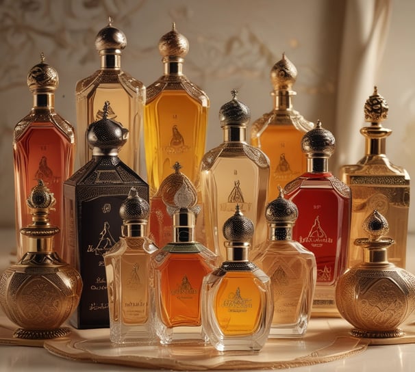 A hand with manicured nails holds a glass bottle of Coco Mademoiselle Chanel perfume. The bottle has a transparent cap and a golden neck. The liquid inside appears amber or rosy in color.