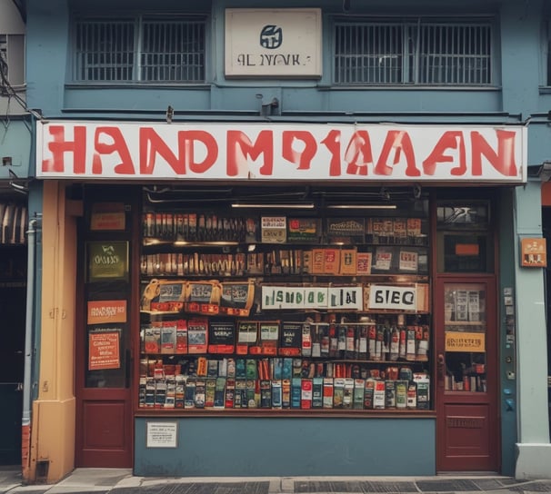 A black and white photo of a storefront with signs in multiple languages. The main sign reads 'AL BISMI TEXTILES' located at 122 Dunlop Street, Singapore, with a phone number provided. Above it, there is another sign for the 'Singapore Noodles Manufacturers Association.' In front of the store, various textiles are displayed, and a partial view of a van is visible.