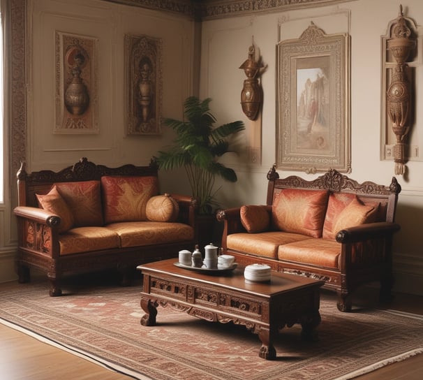 A well-decorated showroom with modern outdoor furniture including wicker chairs and tables, a sofa with cushions, and a carpeted floor. There's a mix of neutral and blue colors in the furnishings, along with decorative bird cages and potted plants. The large windows with white curtains allow plenty of natural light to brighten the space.