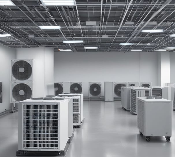 A showroom displaying a variety of air conditioners neatly arranged on two walls. Each unit is placed on shelves with price tags and brand logos visible. The floor is polished and the ceiling has fluorescent lighting.