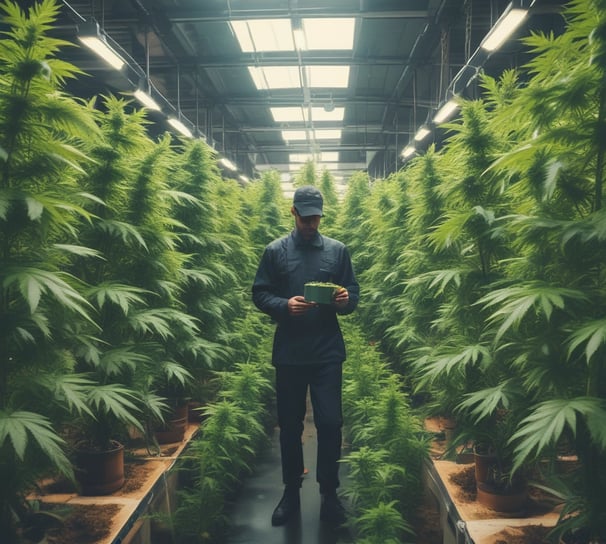 A cannabis plant is growing within a greenhouse environment, surrounded by wooden beams. The plant is densely packed with green and yellowish leaves and frosty buds, illuminated by natural light filtering through the greenhouse roof.