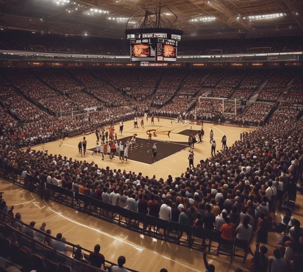 A group of people gather on an outdoor basketball court. A man in the foreground holds a camera up to his eye, wearing a cap backward and a backpack. Other individuals stand in the background, some appearing to chat and observe the scene. A basketball hoop and a scoreboard are visible, surrounded by a metal fence and trees.