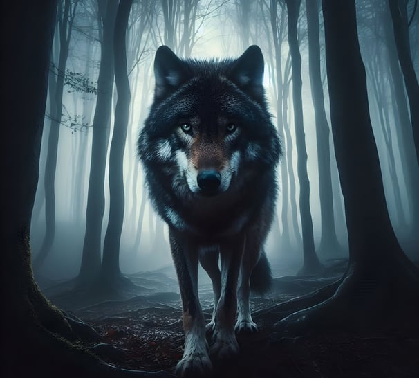a wolf in the woods with a wolf in the background