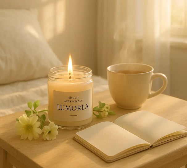 <img alt="Bougie naturelle Lumoréa parfum fleur de coton sur table de chevet" …>