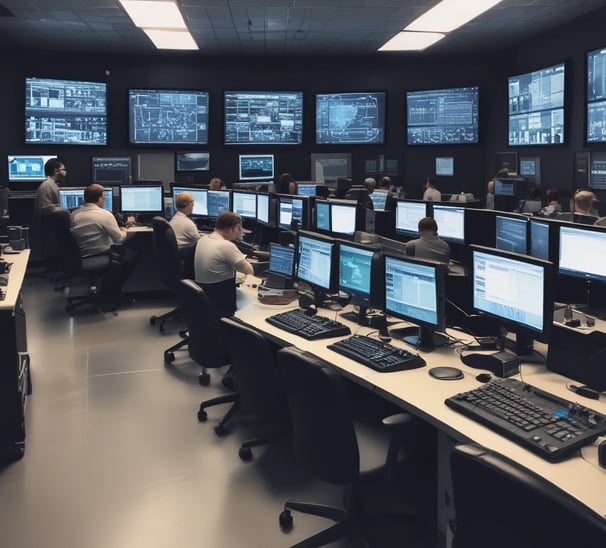 A hand holding a thermal scanner is pointed towards a rack of computer servers. The servers are illuminated with blue LED lights, giving a technological and futuristic feel.
