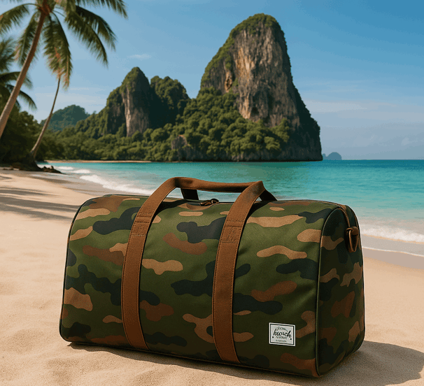 Herschel camo duffle bag sitting in the sand of a Thailand beach with the ocean in the background