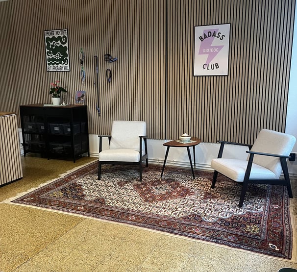 Gemütliche Sitzecke mit zwei Sesseln und Teppich in der Maulkorberatung Hannover