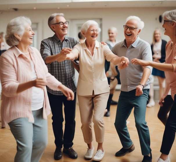 A group of elderly people are engaging in a dance activity in a room. Some chairs are stacked on the side, and a piano is visible in the background. The atmosphere appears lively and social.