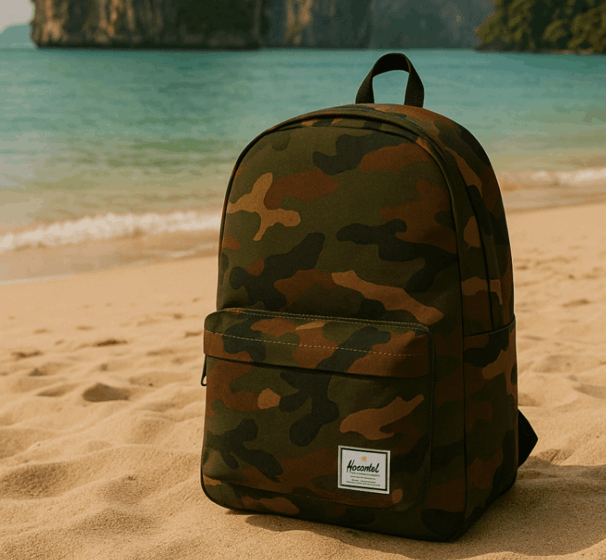 A Herschel classic backpack in camo resting in the sand of a Thai beach