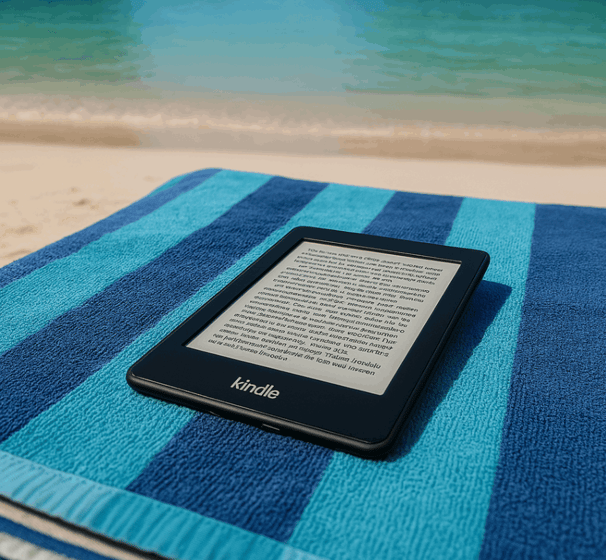A Kindle Paperwhite resting on a beach towel with the ocean in the background