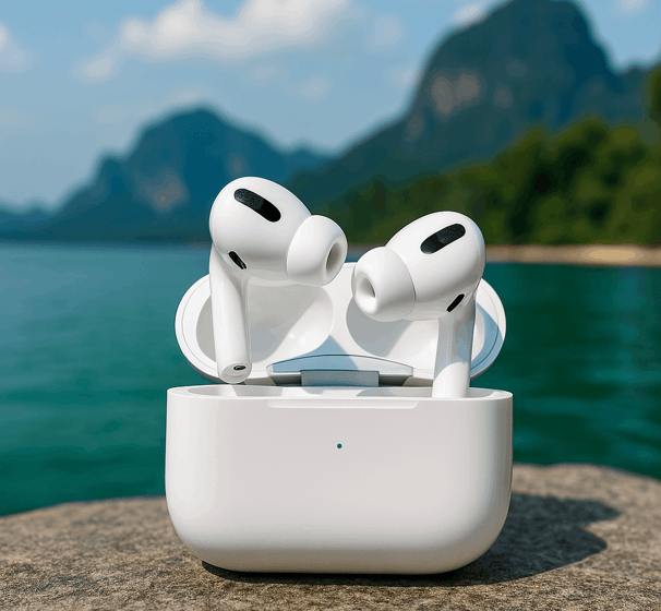 AirPods Pro 2 sitting on a rock with the turquoise waters of a Thai beach in the background