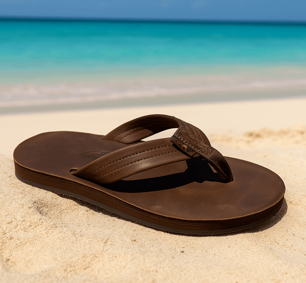 A pair of leather Rainbow Sandals resting on the sand of a Thai beach
