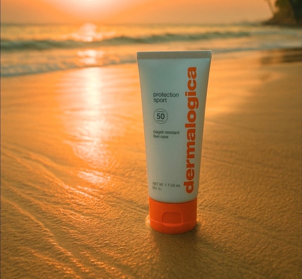 A bottle of Dermalogica Sport SPF 50 sunscreen on the shore of a Thai beach at sunset