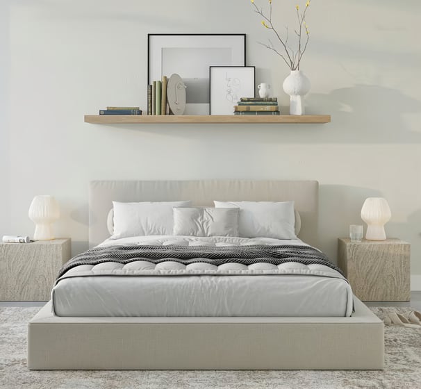 cream bed frame in neutral bedroom