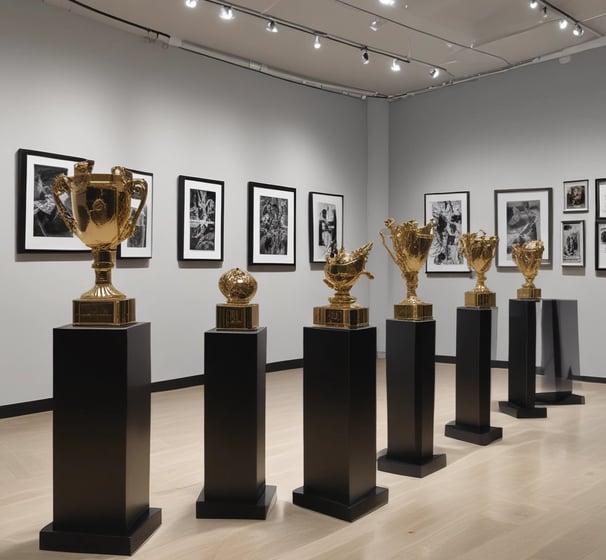 A collection of various gold and silver trophies of different sizes and designs, with intricate details and embellishments, displayed on a flat surface.