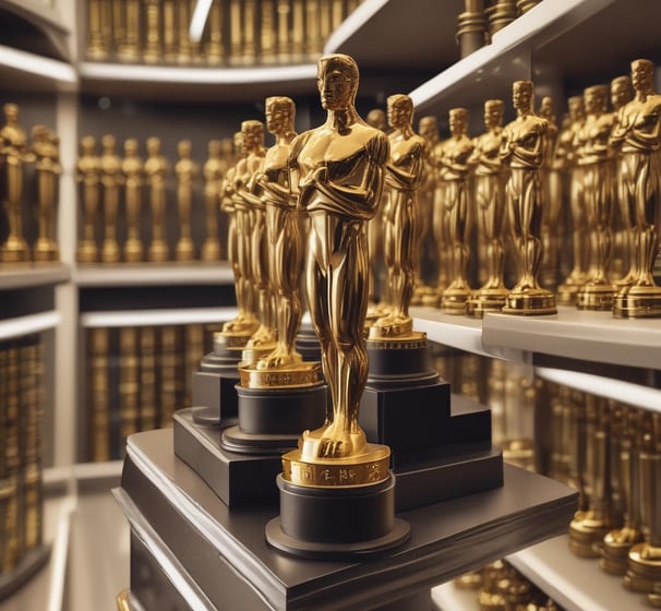 A collection of gold-colored statues resembling awards lined up on shelves. Each statue features a standing figure holding an object, set against a perspective view that emphasizes the rows. The lighting highlights the shiny, reflective surfaces of the trophies.
