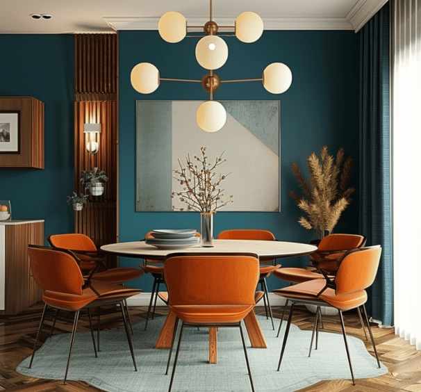 mid century modern dining room inso. round table orange chairs