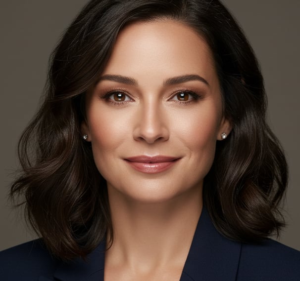 a woman in a blue suit and natural makeup